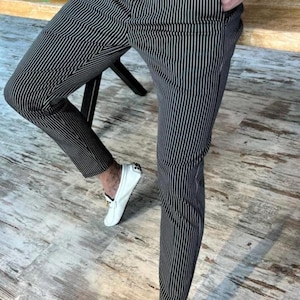 Men&#39;s Slim Fit Striped Dress Pants: Poly Rayon Blend