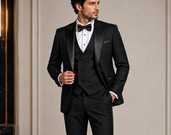 Completo da uomo nero a tre pezzi – Abito classico formale da matrimonio e da sera con gilet abbinato