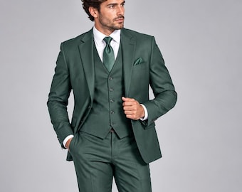Men’s Hunter green  3 Piece Suit, Modern Fit Wedding Suit, Jacket Vest & Pants, Formal Business Suit, Groom Prom Tuxedo