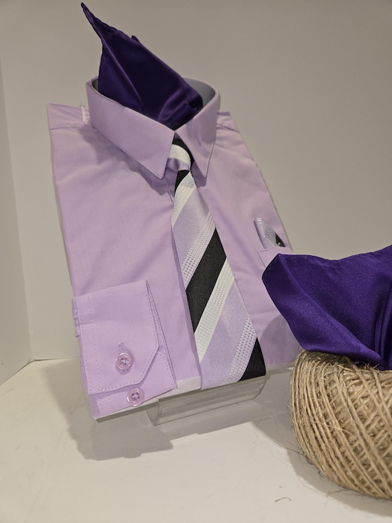 lavender dress shirt and tie Men's Lavender French Cuff Dress Shirt Set with Tie and Handkerchief 17 34/35 / Lavender