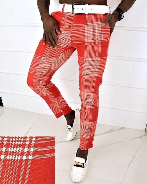 Slim Fit Checkered Dress Pants: Red and White Poly Rayon Blend - Etsy New  Zealand