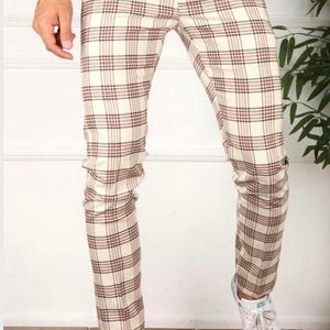 Slim Fit Checkered Dress Pants: Tan & Black Poly Rayon Blend