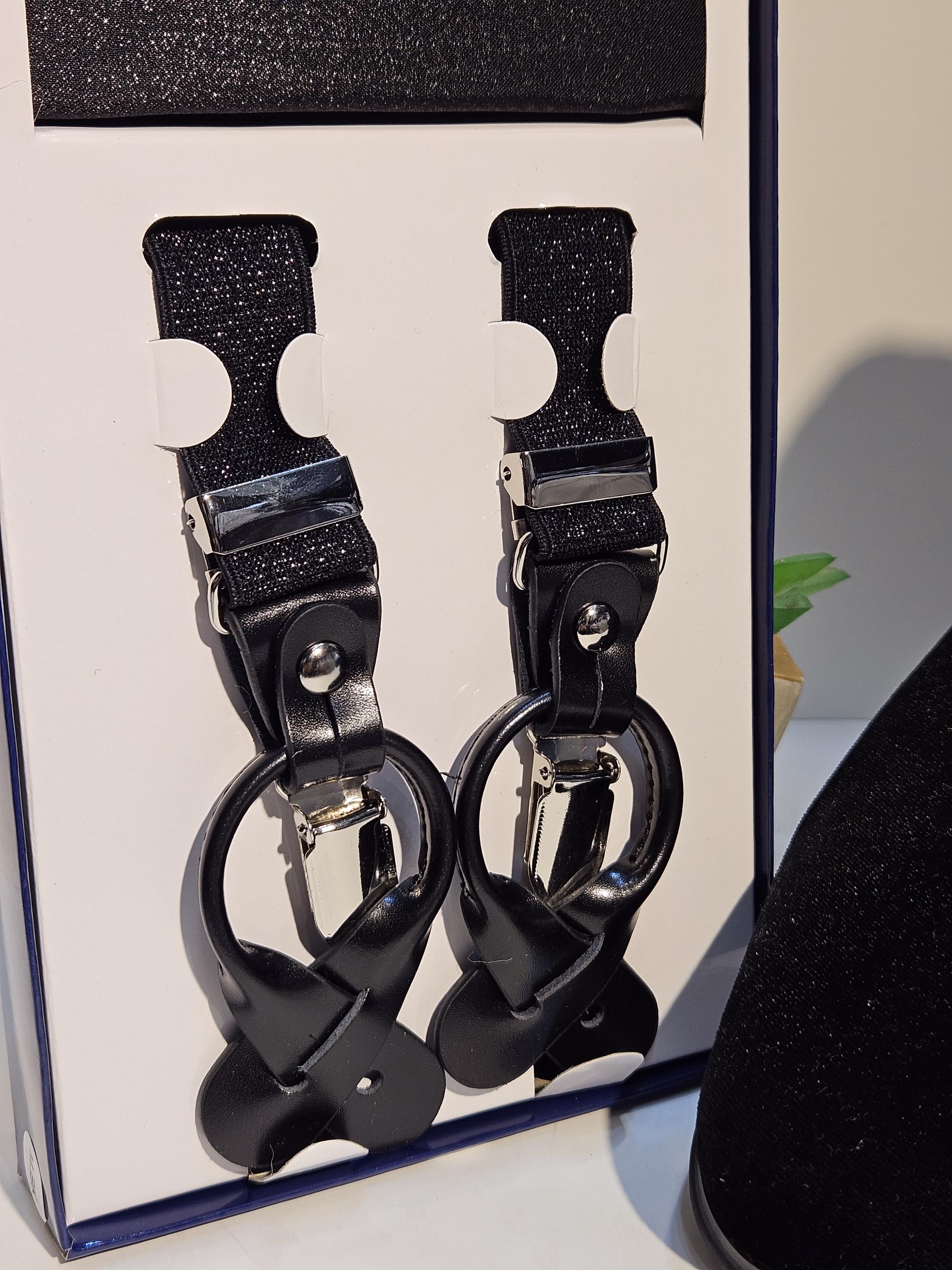 ブラックボウタイとサスペンダーセット メンズ ブラック グリッター サスペンダー & ボウタイ セット (Y