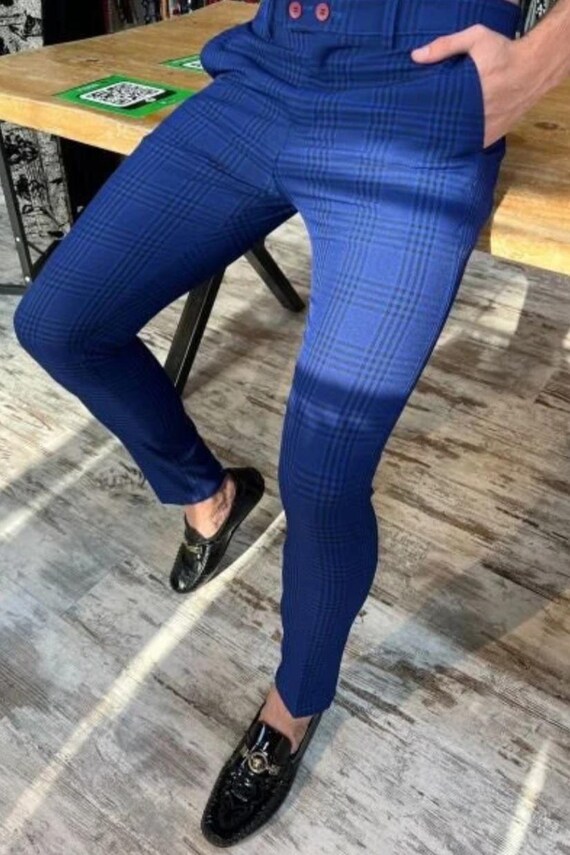 Buy Men's Slim Fit Checkered Dress Pants: Royal Blue & Black Poly Blend Online in India - Etsy Buy Men's Slim Fit Checkered Dress Pants: Royal Blue & Black Poly Blend Online in India - Etsy