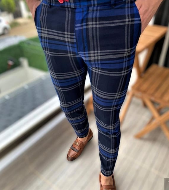 Buy Men's Checkered Dress Pants: Navy & Royal Blue Slim Fit Online in India  - Etsy
