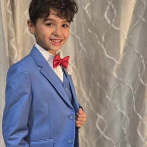 5-Piece Boy's Suit Set Dusty blue, Jacket, Vest, Pants, Dress Shirt & Bow Tie - Formal Look for Wedding or Events .