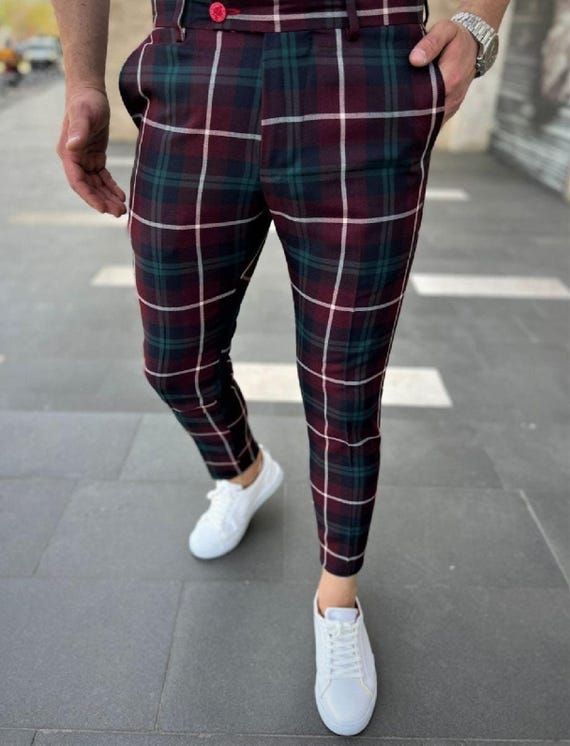 red checkered dress pants Men's Checkered Dress Pants: Burgundy & Hunter Green Slim Fit