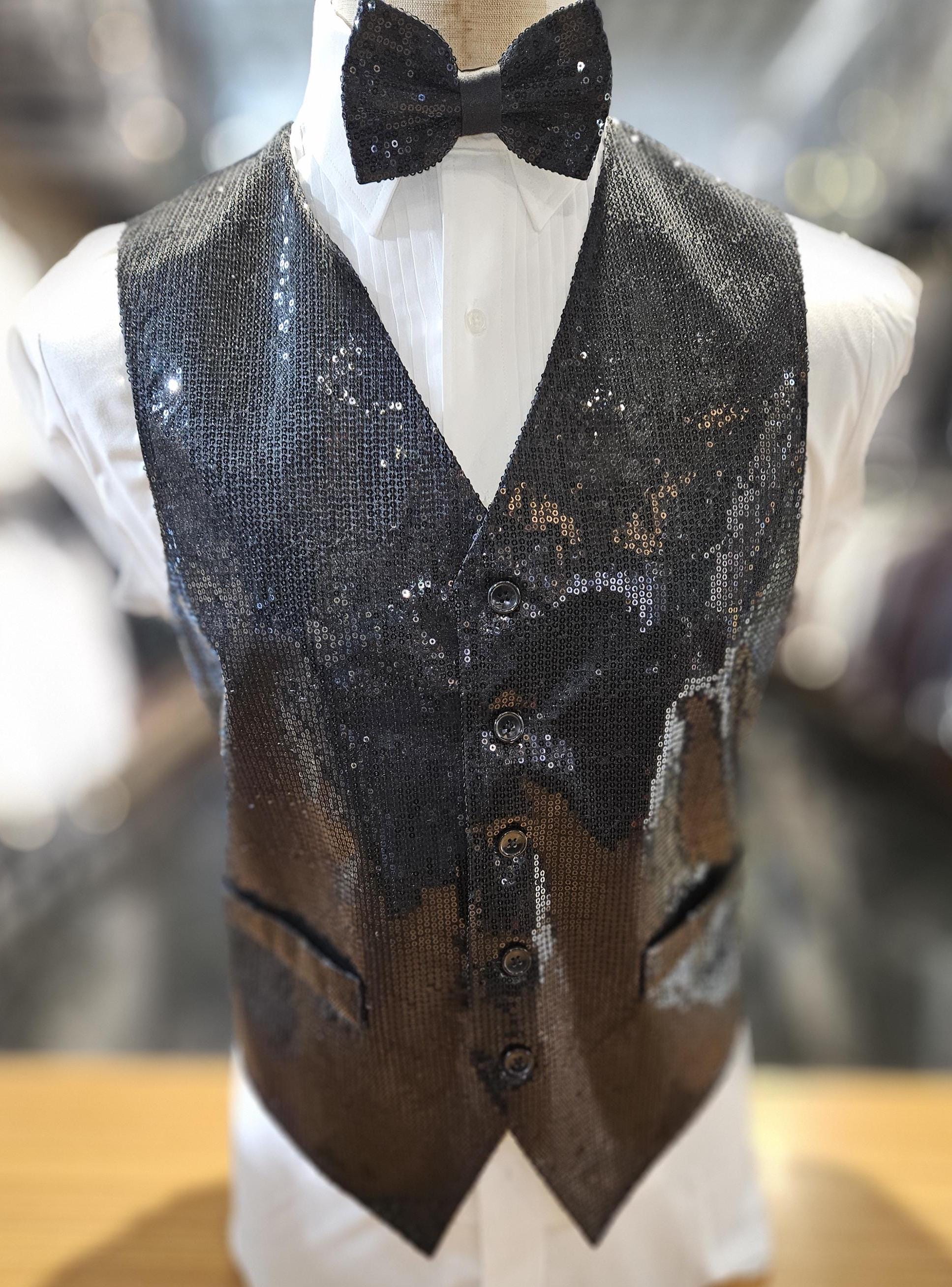 Men's Black Sequined Vest & Bowtie Set: Party Prom Wedding
