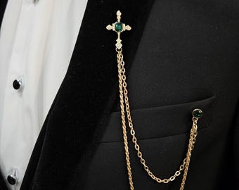 Chain Lapel and Gem Brooch Set - Gold and emerald rhinestones Cross Pin (Formal Accessories for weddings, prom, galas or everyday)