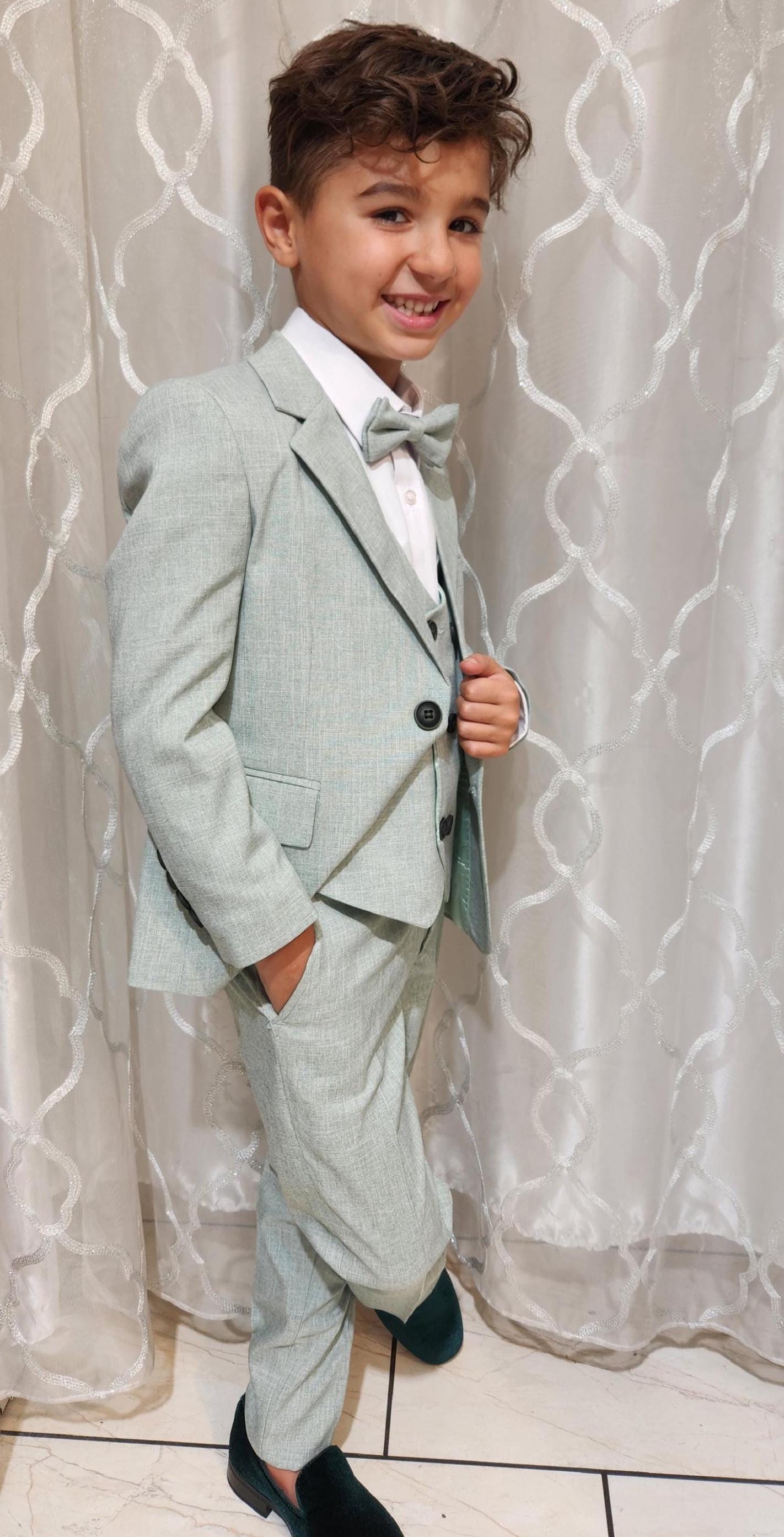 Completo Smoking Bambino Grigio 5 Pezzi - Giacca, Gilet, Camicia, Cravatta, Pantaloni Per Cerimonie 5-13 Anni - Foto 7