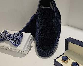 Navy Velvet Loafers for Men: Slip-On Dress Shoes