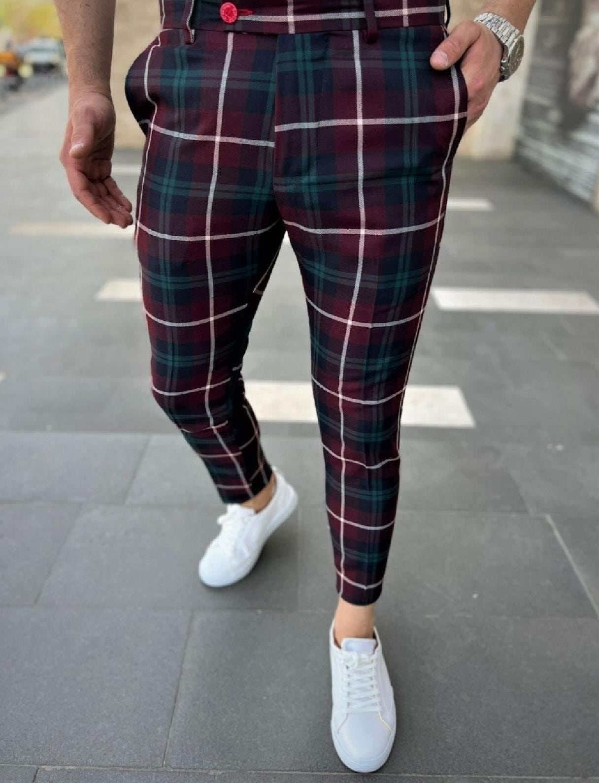 mens plaid dress pants red Men's Checkered Dress Pants: Burgundy & Hunter Green Slim Fit