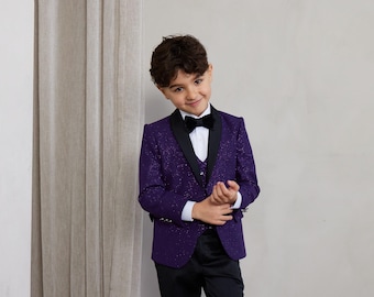 Boy's Purple Sequin Tuxedo: Slim Fit 5-Piece Suit Set