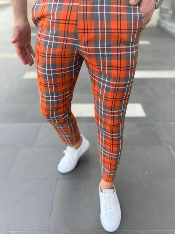 Men's Checkered Dress Pants: Orange & Gray Slim Fit - Poly Rayon Blend -  Etsy Israel