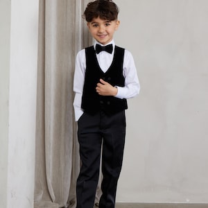 Boy's 4-Pieces Black Velvet Shawl Lapel Vest, Shirt ,pants& Bowtie Set perfect for Weddings, Parties, Milestones