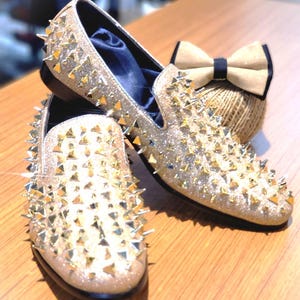 gold prom dress shoes Mens Gold Glitter Loafers with Buckle  Prom & Wedding Dress Shoes, 10M