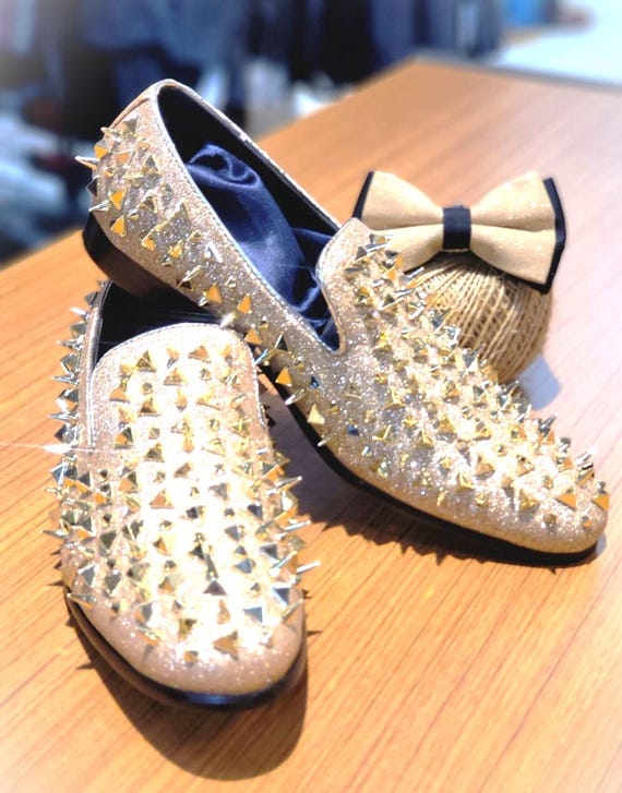 green emerald velvet dress OneDrop Handmade Men Dress Shoes Suede Gold Black Rivet Spikes Party Wedding Prom Loafers Black / 5
