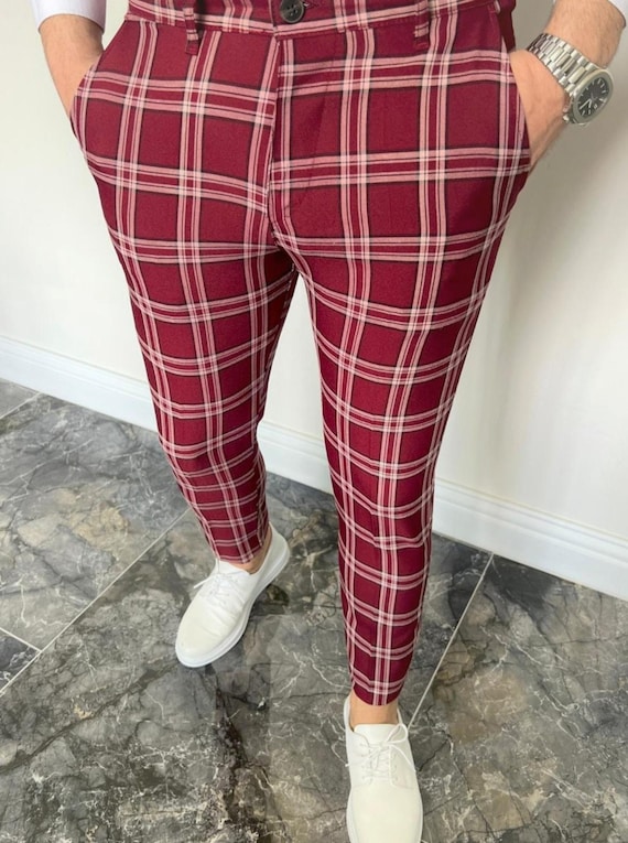 Men's Burgundy Checkered Dress Pants: Slim Fit Poly Rayon Blend - Etsy Australia Men's Burgundy Checkered Dress Pants: Slim Fit Poly Rayon Blend - Etsy Australia