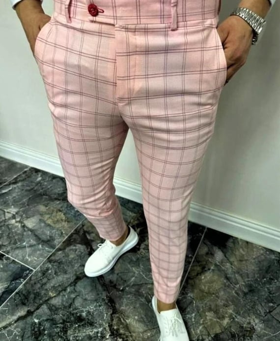 Men's Slim Fit Checkered Dress Pants - Light Pink Poly Rayon Blend - Etsy Israel Men's Slim Fit Checkered Dress Pants - Light Pink Poly Rayon Blend - Etsy Israel