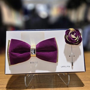 Men&#39;s plum and gold  Luxury Velvet Bow Tie, Brooch, and flower Pin lapel