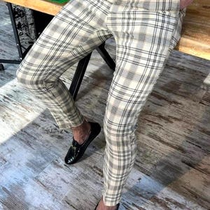 Slim Fit Checkered Dress Pants: Tan & Black Poly Rayon Blend