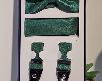 Men's Green Glitter Suspender & Bowtie set  ( Y- Back and Adjustable elastic )