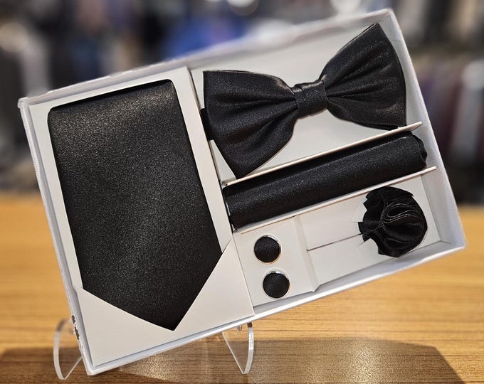 Men's Black Formal Accessories Gift Box: Necktie, Bow Tie, Cufflinks
