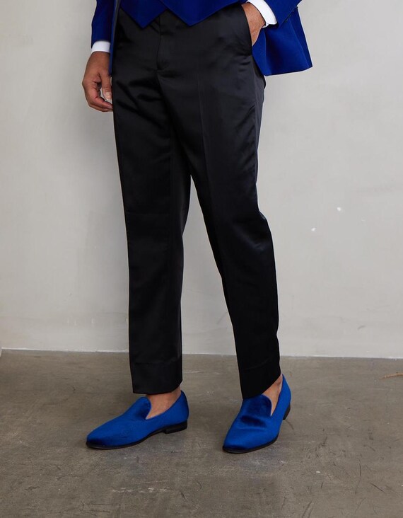 Men\'s Plain Royal Blue Vintage Velvet Loafers Slip On Classic Tuxedo Dress Shoes Terroni Royal Blue Men main image 3