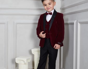 Boy's Burgundy Velvet Tuxedo Shawl Lapel jacket
