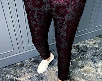 dress pants with design Floral Dress Pants: Slim Fit Pink & Black