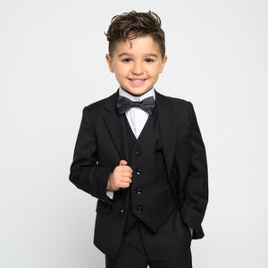 5-Piece Boy's Suit Set in  Black color ,Jacket, Vest, Pants, Dress Shirt & Bow Tie - Formal Look for Wedding or Events .