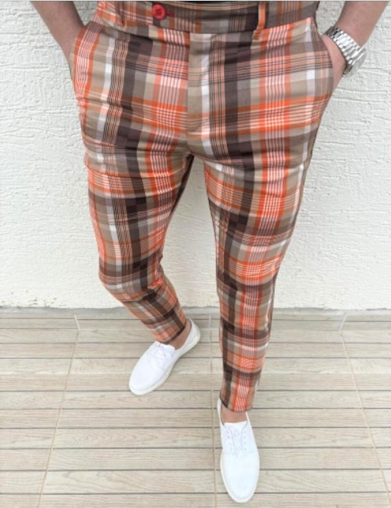 Men's Slim Fit Checkered Dress Pants: Orange & Black Poly Rayon Blend