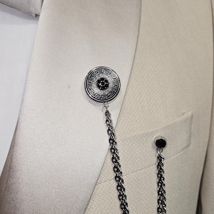 Chain Lapel and Gem Brooch Set - silver  and Black Rhinestones  Pin (Formal Accessories for weddings, prom, galas or everyday)