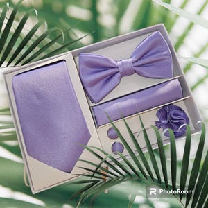 Men's Lilac Formal Accessories Gift Box: Necktie, Bow Tie, Cufflinks