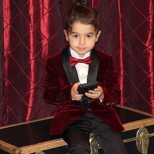Boy&#39;s Burgundy Velvet Tuxedo: 4-Piece Shawl Lapel Suit Set