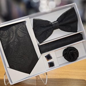Men&#39;s Black Paisley Necktie Set: Bow Tie, Lapel Pin, Cufflinks