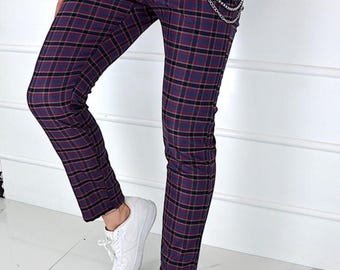 purple plaid dress pants Eggplant Purple Slim Plaid Mens Dress Pants Flat Front No Pleats 2311 AZARMAN