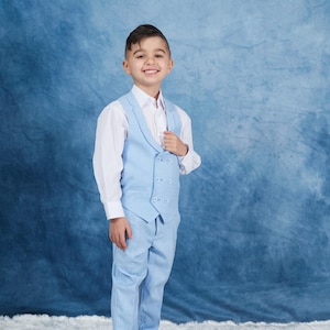 Boy&#39;s 4-Pieces Light Blue Shawl Lapel Vest, Shirt ,pants& Bowtie Set perfect for Weddings, Parties, Milestones