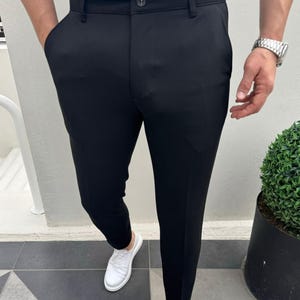Men&#39;s Slim Fit Black Dress Pants: Poly Rayon Blend, Comfort Stretch