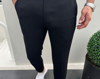 Pantaloni eleganti neri slim fit da uomo: misto poliestere e rayon, comfort elasticizzato