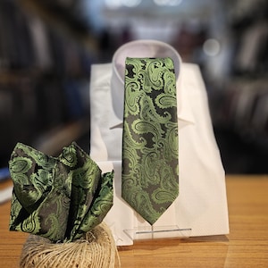 Paisley Necktie Set: Sage Green & Black Textured Tie with Hanky