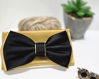 Herren zweifarbige (Gold und Schwarz) Farbe Mikrofaser Fliege und Taschentuch Set