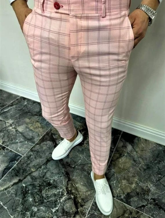 Men's Slim Fit Checkered Dress Pants - Light Pink Poly Rayon Blend Men's Slim Fit Checkered Dress Pants - Light Pink Poly Rayon Blend