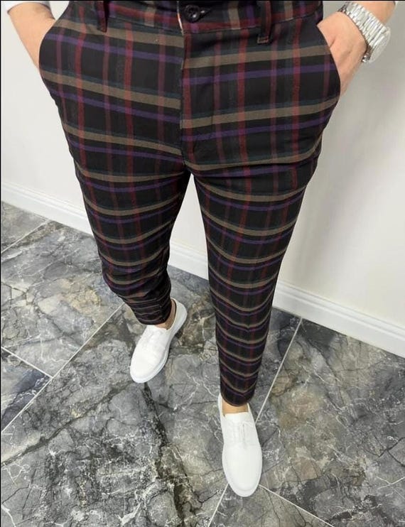 Burgundy Checkered Dress Pants: Slim Fit Poly Rayon Blend - Etsy Israel