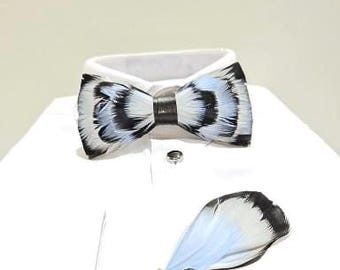 Premium Fashion Feather Bow Tie Set (Blue and Black ) for Weddings, Galas, Gifts, and Special Occasions