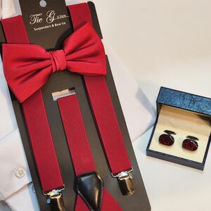 Men&#39;s  cherry Red Suspender & Bowtie set  ( Y- Back and Adjustable elastic )