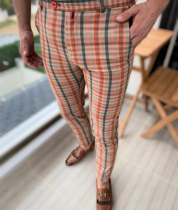 Men's Slim Fit Checkered Dress Pants: Orange & Black