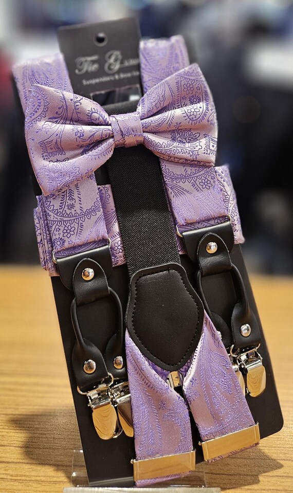 dark purple bow tie and suspenders