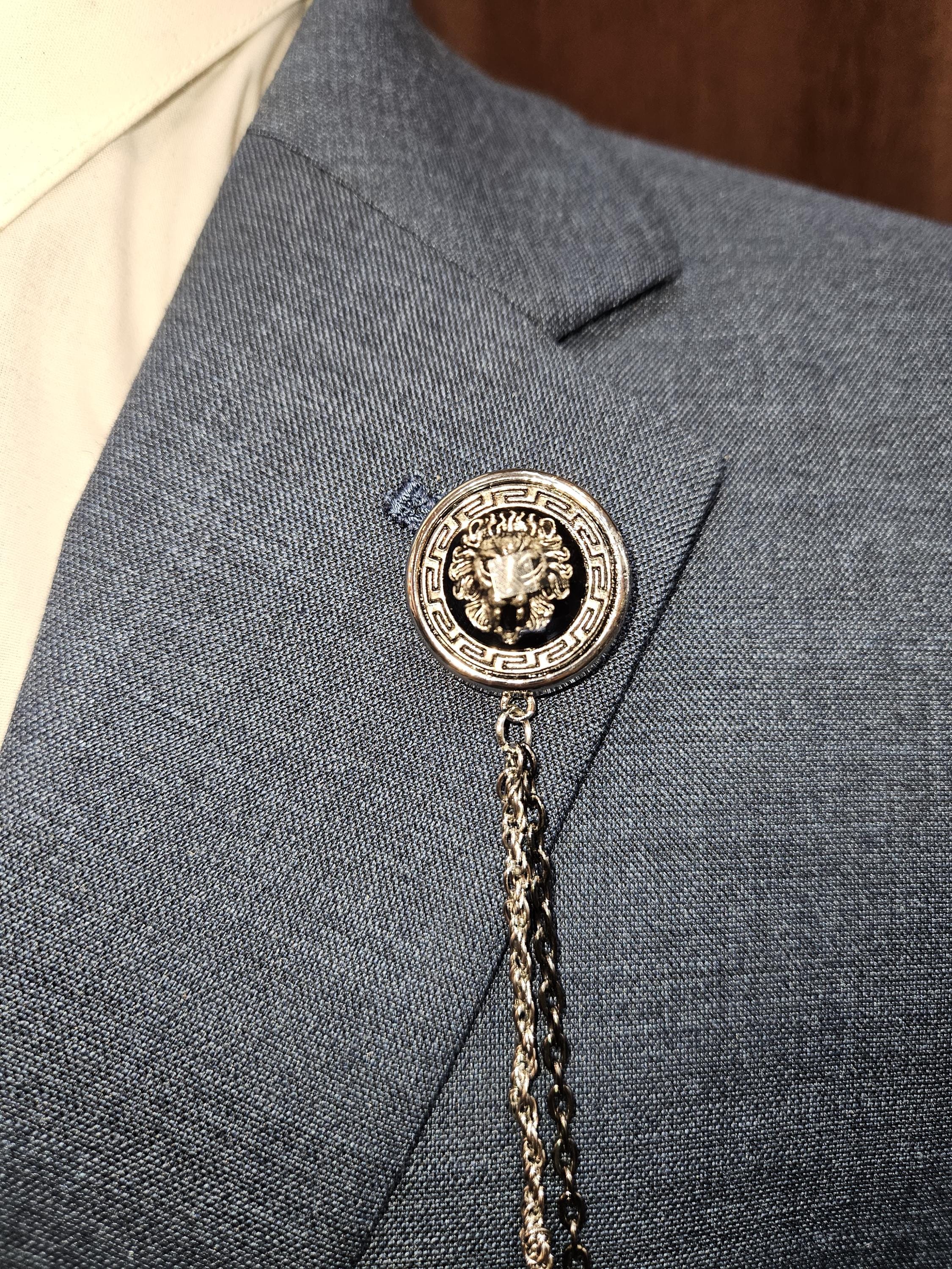 Chain Lapel and Gem Brooch Set - Silver with lion face Pin (Formal Accessories for weddings, prom, galas or everyday)
