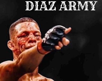 May include: A man with blood on his face points to the right while wearing a black and red boxing glove. The text "DIAZ ARMY" is written in white letters on a black background.